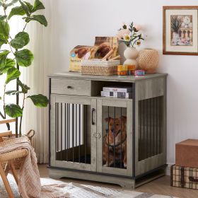 Furniture Dog crate, indoor pet crate end tables, decorative wooden kennels with removable trays. Grey, 32.3'' W x 22.8'' D x 33.5'' H.